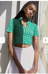 Iets Frans X Urban Outfitters Geo Print Cropped Zip Front Top, Sz M, Green Beige. Fixed Price $20.00.