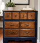 Solid Pine 3 Drawer Dresser Refinished Navy & Walnut Farmhouse Style. Fixed Price $200.00.