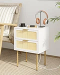 Aobafuir Rattan Nightstand Charging Station 2 Drawer Dresser Bedroom - White. Fixed Price $38.55.