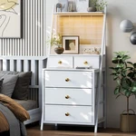 Gyfimoie White Tall Nightstand With Charging Station, 5 Drawers, Led Light. Fixed Price $83.80.