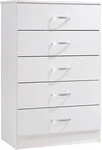 Elegant 5-DRAWER White Wood Dresser With Metal Support For Bedroom Storage. Fixed Price $245.99.