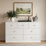 7 White Chest Of Drawers - Modern Tall Dresser With Vertical Grain & Gold. Fixed Price $450.99.