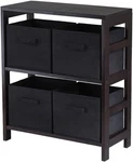Capri Wood 2-SECTION Storage Shelf With 4 Foldable Black Fabric Baskets. Fixed Price $122.99.