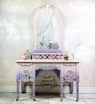 Pink Romance Vanity Table, Makeup Mirror, Bedroom Furniture, Handpainted. Fixed Price $1755.00.