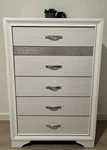 Modern White 5 Drawer Bedroom Dresser With Silver Handles Glitter Accent. Fixed Price $100.00.