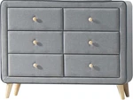 Stylish Valda Light Gray Upholstered 6-DRAWER Dresser For Modern Spaces. Fixed Price $542.99.
