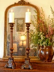 Theodore Alexander Mahogany Bronze Candlesticks French Neoclassical Pillars. Fixed Price $575.00.