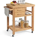 Costway Bamboo Kitchen Trolley Cart Wood Rolling Island W/ Tower Rack & Drawers. Fixed Price $159.99.