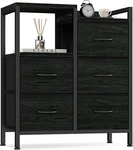 Modern 5 Drawer Black Dresser With 2 Tier Shelf For Stylish Storage Solutions. Fixed Price $77.99.