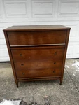 Mainline By Hooker Mid Century Walnut And Brass 4 Drawer Highboy Dresser Set. Fixed Price $995.00.
